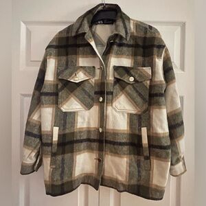 Zara Oversized Plaid Shacket in Olive, Cream & Tan